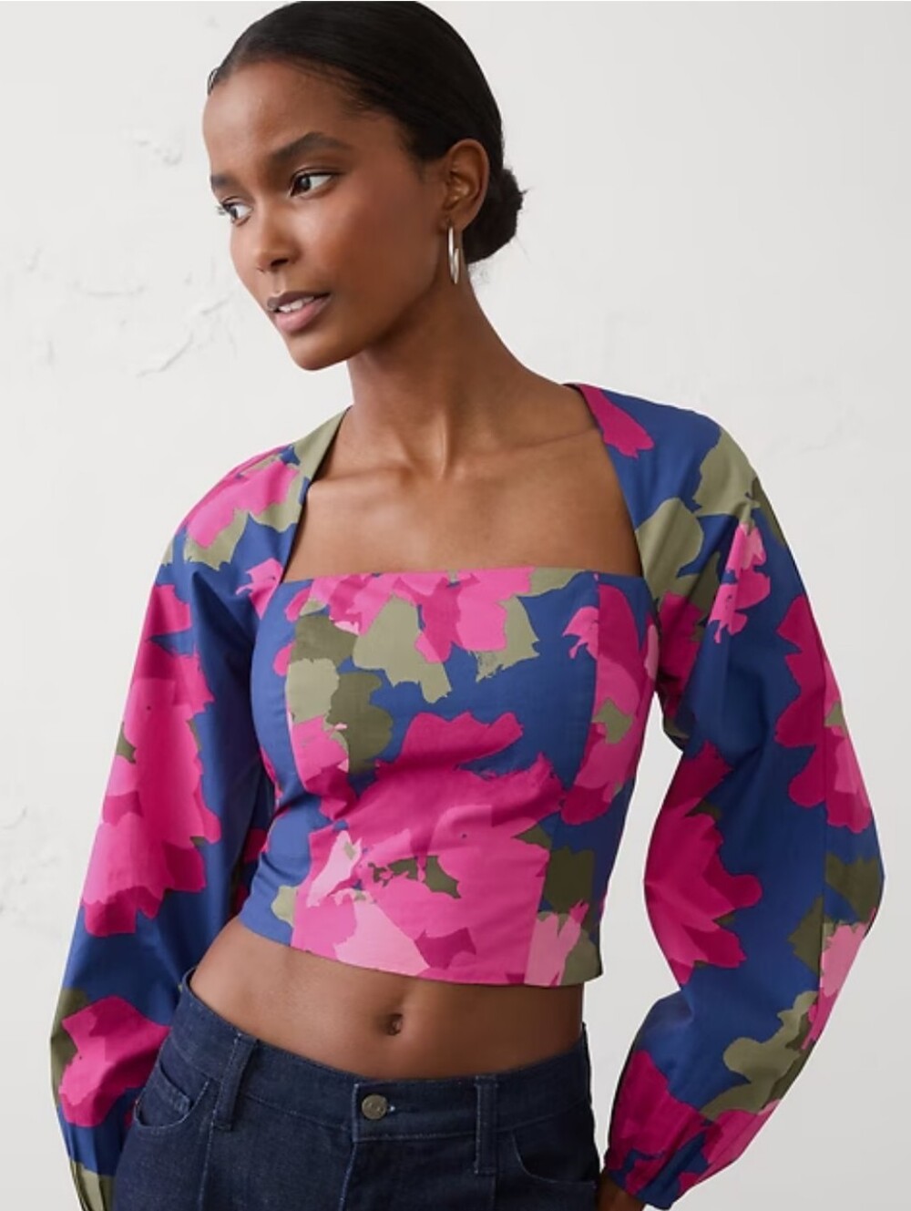 Banana Republic Floral Puff-Sleeve Crop Top in Pink, Navy & Olive